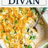 Chicken divan with curry and text title box at top.