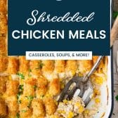 Chicken tater tot casserole in a collage image of recipes with shredded chicken.