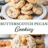 Long collage image of butterscotch cookies with pecans.