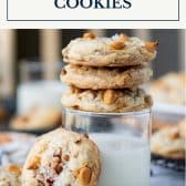 Salted butterscotch cookies with pecans and text title box at top.
