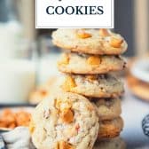 Salted butterscotch cookies with pecans and text title overlay.