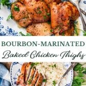 Long collage image of bourbon marinated baked boneless chicken thighs.
