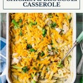 Dump and bake chicken & broccoli casserole with text title box at top.