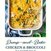 Dump and bake chicken & broccoli casserole with text title at the bottom.