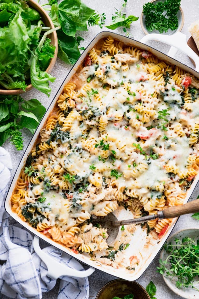 Dump-and-Bake Chicken Florentine Pasta - The Seasoned Mom