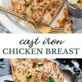 Long collage image of cast iron chicken breast.