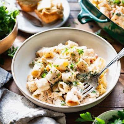 Dump-and-Bake Chicken Pesto Alfredo Pasta - The Seasoned Mom