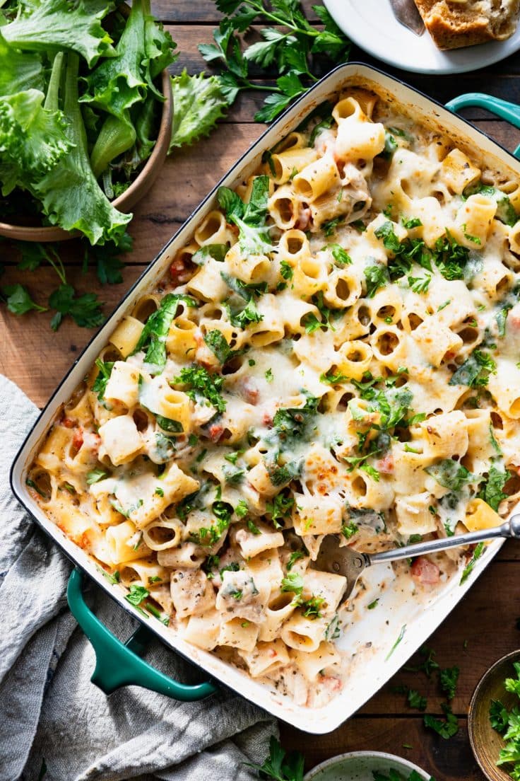 Dump-and-Bake Chicken Pesto Alfredo Pasta - The Seasoned Mom