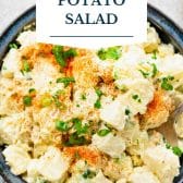 Southern potato salad with text title overlay.