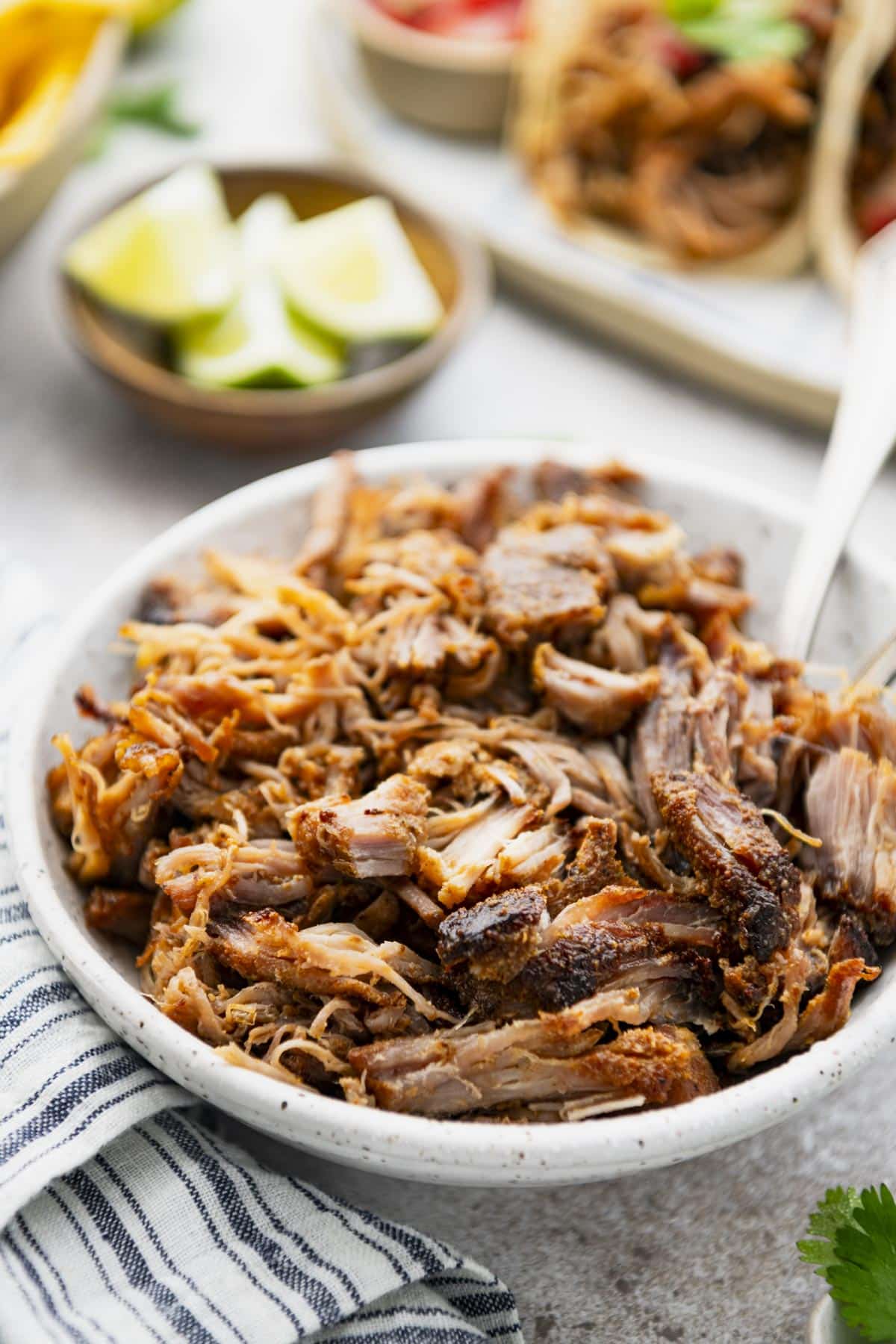 Close up side shot of a bowl of Mexican pulled pork.