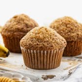 Square side shot of banana nut muffins.