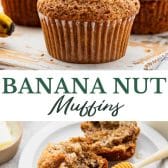 Long collage image of banana nut muffins.