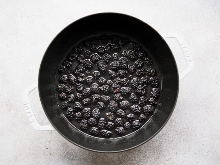 Ingredients for simple blackberry syrup in a Dutch oven.