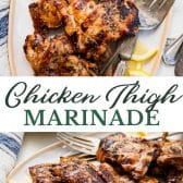 Long collage image of baked or grilled chicken thigh marinade.