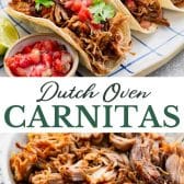 Long collage image of Dutch oven carnitas.
