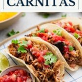 Dutch oven carnitas with text title box at top.