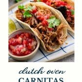 Dutch oven carnitas with text title at the bottom.
