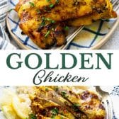 Long collage image of golden chicken.