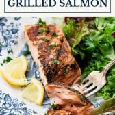 Grilled salmon with text title box at top.