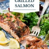 Grilled salmon with text title overlay.