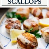 Grilled scallops with text title box at top.
