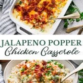 Long collage image of jalapeno popper chicken casserole.