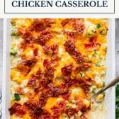 Jalapeno popper chicken casserole with text title box at top.