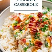 Jalapeno popper chicken casserole with text title overlay.