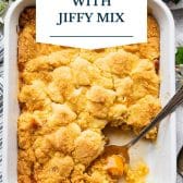 Southern peach cobbler with Jiffy mix and text title overlay.