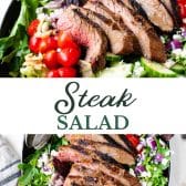 Long collage image of steak salad.