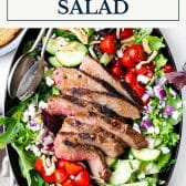 Steak salad with text title box at top.
