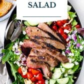 Steak salad with text title overlay.