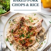 Pork chop and rice casserole with text title overlay.