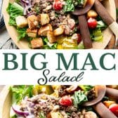 Long collage image of big mac salad recipe.