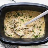 Horizontal overhead image of a ladle in a pot of slow cooker chicken with cream of chicken soup.