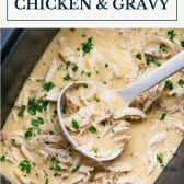 Crock Pot chicken with gravy with text title box at top.
