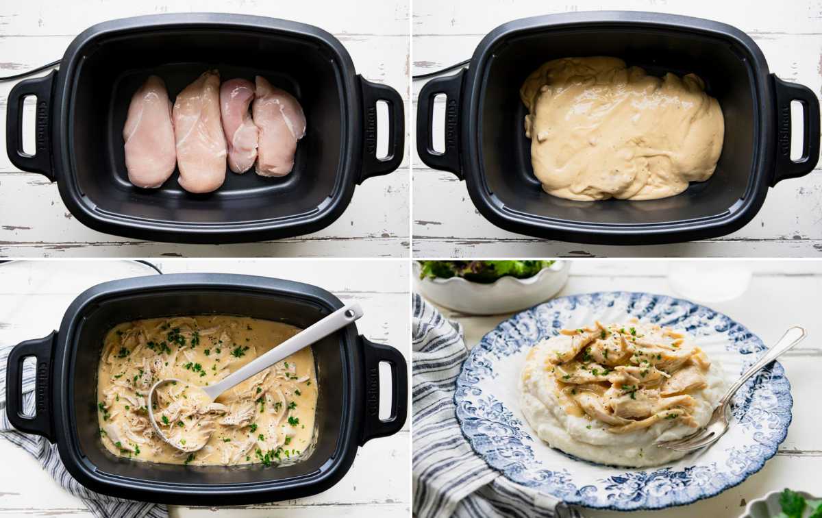 Horizontal collage image of process shots showing how to make chicken with gravy in crock pot.
