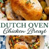 Long collage image of Dutch oven chicken breast with vegetables and potatoes.