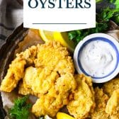 Fried oysters with text title overlay.