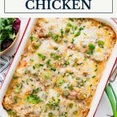 King Ranch chicken casserole with text title box at top.