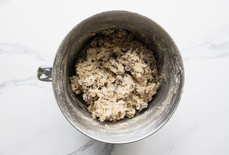 Kitchen sink cookie dough in a metal mixing bowl.