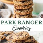 Long collage image of kitchen sink cookie recipe (park ranger cookies).