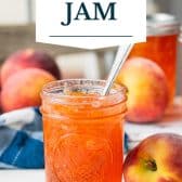 Peach jam recipe with text title overlay.