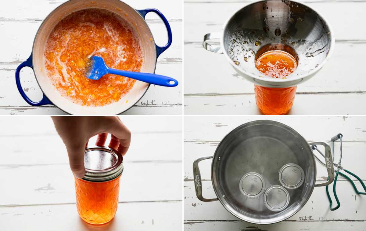 Horizontal collage image of process shots showing how to make peach jam.