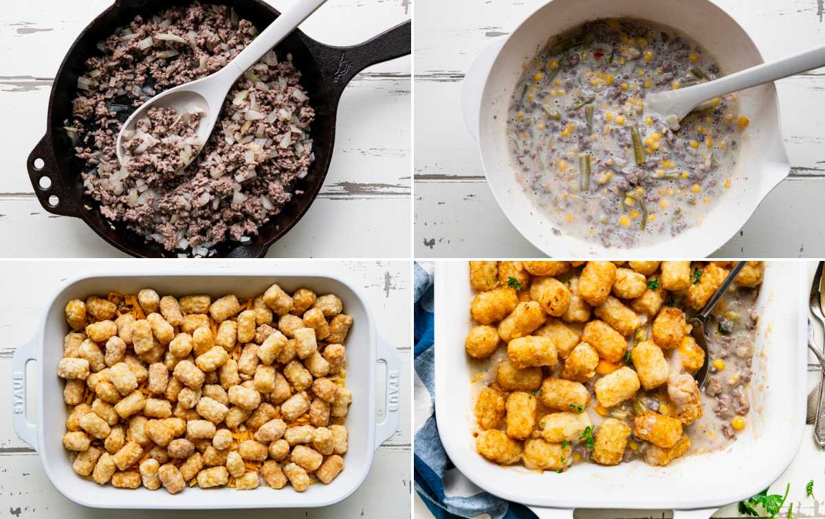 Horizontal collage image of process shots showing how to make tater tot casserole with green beans.