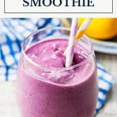 Blueberry banana smoothie with text title box at top.