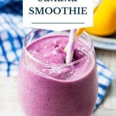 Blueberry banana smoothie with text title overlay.