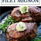 Cast iron filet mignon with text title box at top.