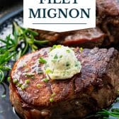 Cast iron filet mignon with text title overlay.