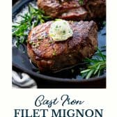Cast iron filet mignon with text title at the bottom.